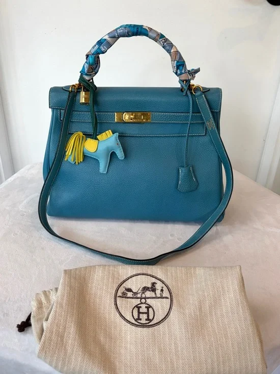 Hermes Kelly32 Retourne,Togo, BleuJean/Gold, box/duster/twilly, PRICE FIRM - Picture 3 of 17